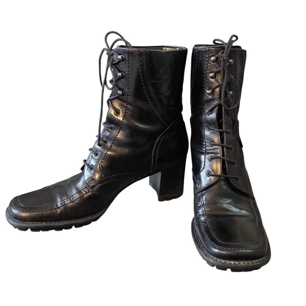 VIA SPIGA Women's‎ 7.5M Black Leather Lace up Heel Bootie Victorian boots